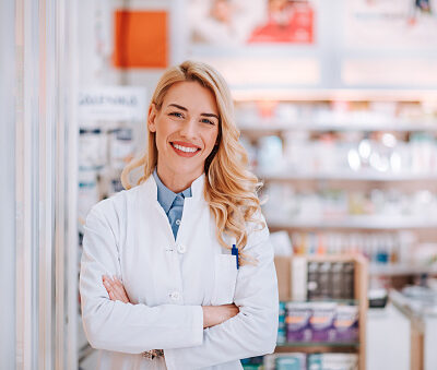 portrait d'une pharmacienne souriante dans son officine